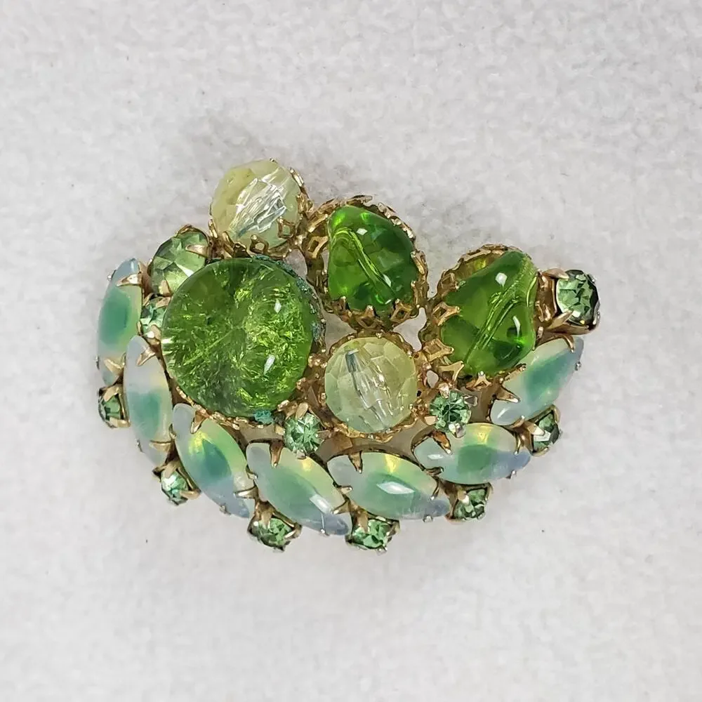 Vintage MCM Green Rhinestone Gold Tone Brooch and Earrings Set